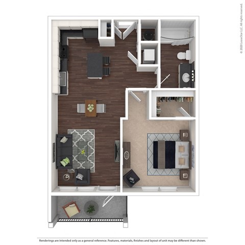 Floor plan for 1 bed, 1 bath, 684 sqft